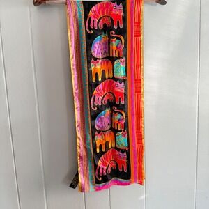 Laurel Burch 100% Silk Scarf Cats Beaded Vintage Boho Whimsical Folk Art 90s